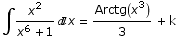 ∫x^2/(x^6 + 1) x =  Arctg(x^3)/3 + k