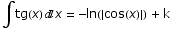 ∫ tg(x) x =  -ln(cos(x) )  + k